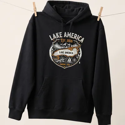 Vintage badge style Lake America t-shirt with nostalgic design — printed on a unisex hoodie