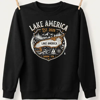 Vintage badge style Lake America t-shirt with nostalgic design — printed on a unisex sweatshirt