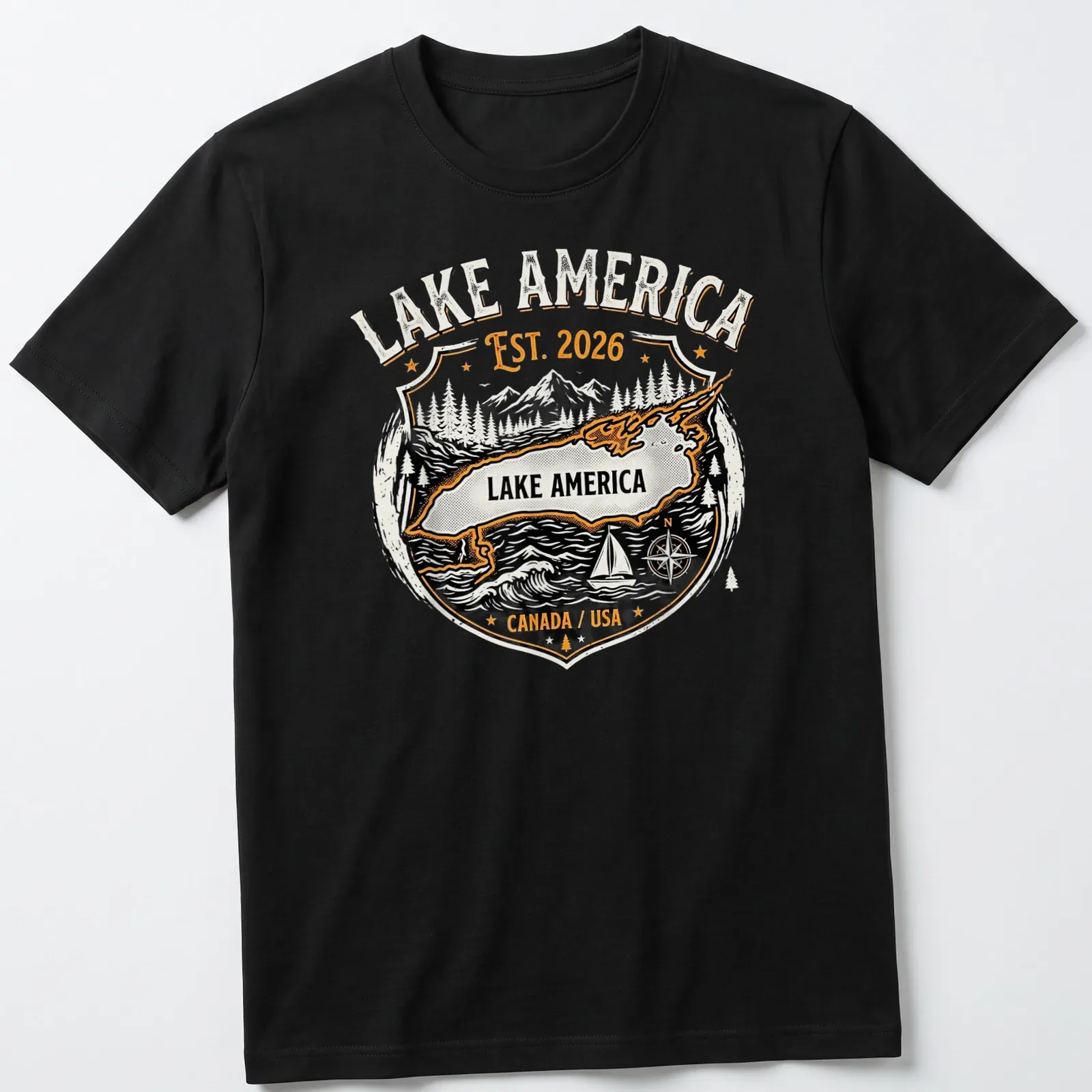 Vintage badge style Lake America t-shirt with nostalgic design — printed on a unisex t-shirt