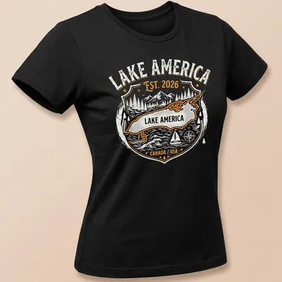 Vintage badge style Lake America t-shirt with nostalgic design — printed on a women's shirt