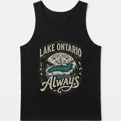 Vintage badge Lake Ontario T-shirt with established date and colors of turquoise and green — printed on a tank top