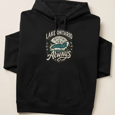 Vintage badge Lake Ontario T-shirt with established date and colors of turquoise and green — printed on a unisex hoodie
