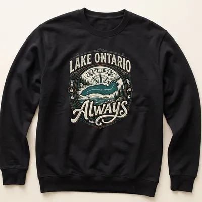 Vintage badge Lake Ontario T-shirt with established date and colors of turquoise and green — printed on a unisex sweatshirt