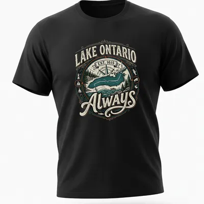 Vintage badge Lake Ontario T-shirt with established date and colors of turquoise and green