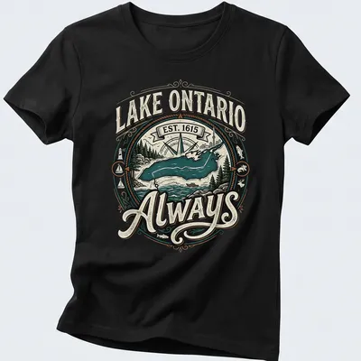 Vintage badge Lake Ontario T-shirt with established date and colors of turquoise and green — printed on a women's shirt