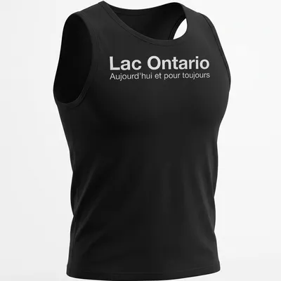 Minimalist Lake Ontario t-shirt with white text expressing timeless love for the lake — printed on a tank top