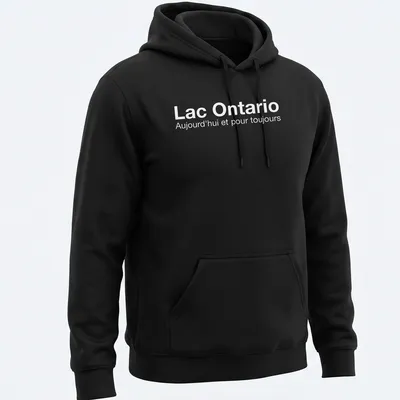 Minimalist Lake Ontario t-shirt with white text expressing timeless love for the lake — printed on a unisex hoodie