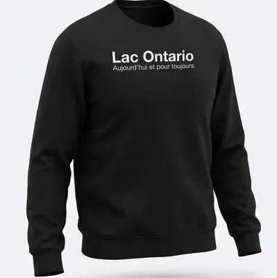 Minimalist Lake Ontario t-shirt with white text expressing timeless love for the lake — printed on a unisex sweatshirt