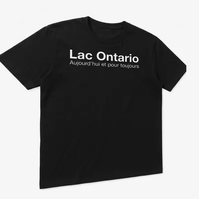 Minimalist Lake Ontario t-shirt with white text expressing timeless love for the lake — printed on a unisex t-shirt (angled view)