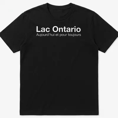Minimalist Lake Ontario t-shirt with white text expressing timeless love for the lake