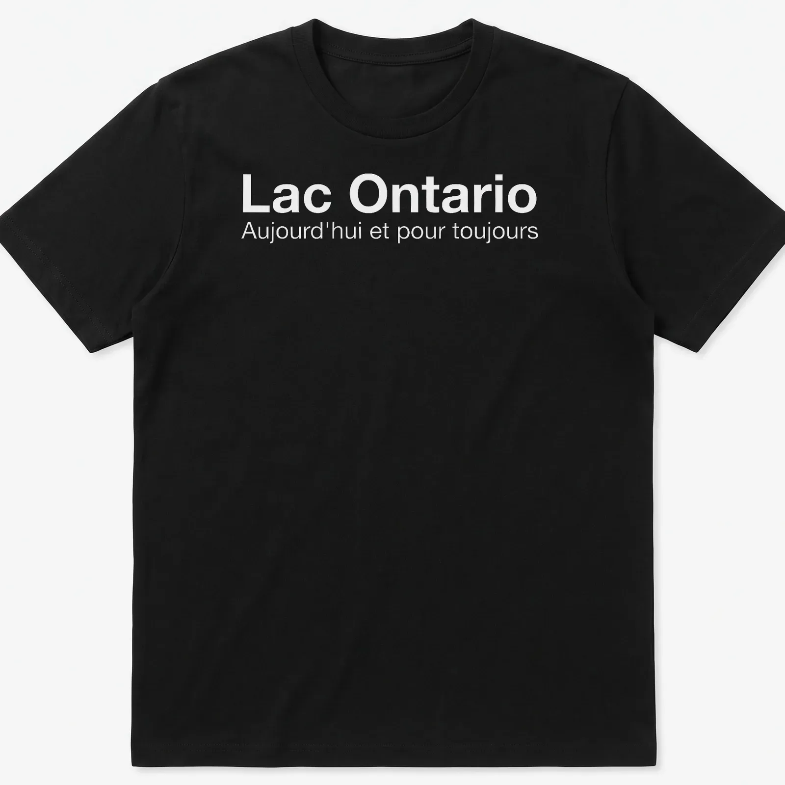Minimalist Lake Ontario t-shirt with white text expressing timeless love for the lake — printed on a unisex t-shirt