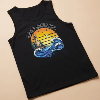 Vintage retro shirt featuring a lighthouse and waves with Lake Ontario text — printed on a tank top