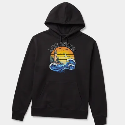 Vintage retro shirt featuring a lighthouse and waves with Lake Ontario text — printed on a unisex hoodie