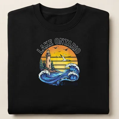 Vintage retro shirt featuring a lighthouse and waves with Lake Ontario text — printed on a unisex sweatshirt