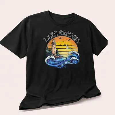Vintage retro shirt featuring a lighthouse and waves with Lake Ontario text — printed on a unisex t-shirt (angled view)