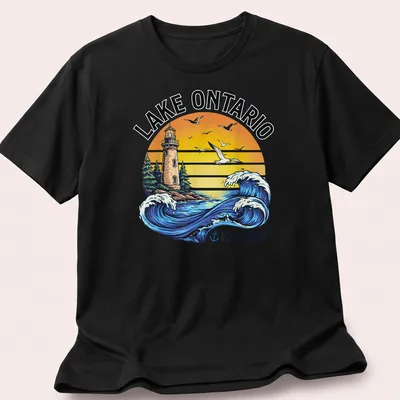 Vintage retro shirt featuring a lighthouse and waves with Lake Ontario text
