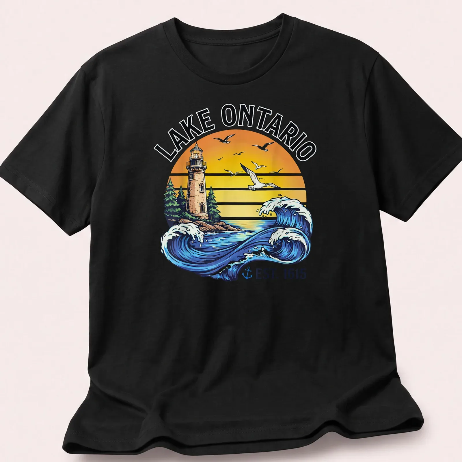 Vintage retro shirt featuring a lighthouse and waves with Lake Ontario text — printed on a unisex t-shirt