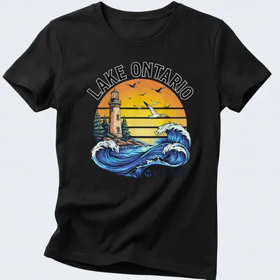Vintage retro shirt featuring a lighthouse and waves with Lake Ontario text — printed on a women's shirt
