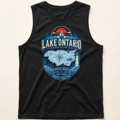 Vintage nautical Lake Ontario map t-shirt featuring intricate design and text — printed on a tank top