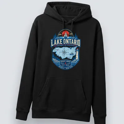 Vintage nautical Lake Ontario map t-shirt featuring intricate design and text — printed on a unisex hoodie