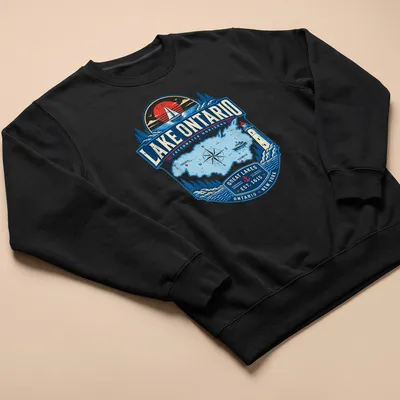 Vintage nautical Lake Ontario map t-shirt featuring intricate design and text — printed on a unisex sweatshirt