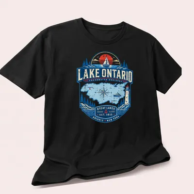 Vintage nautical Lake Ontario map t-shirt featuring intricate design and text — printed on a unisex t-shirt (angled view)