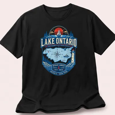 Vintage nautical Lake Ontario map t-shirt featuring intricate design and text
