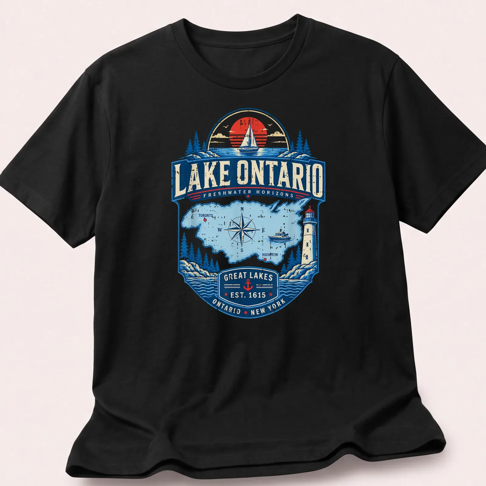 Vintage nautical Lake Ontario map t-shirt featuring intricate design and text — printed on a unisex t-shirt