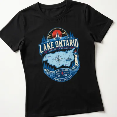 Vintage nautical Lake Ontario map t-shirt featuring intricate design and text — printed on a women's shirt