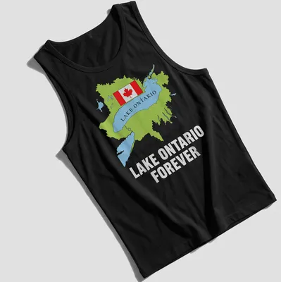 Colorful illustration of Lake Ontario map with Canadian flag and text 'Lake Ontario Forever' — printed on a tank top