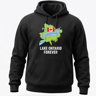 Colorful illustration of Lake Ontario map with Canadian flag and text 'Lake Ontario Forever' — printed on a unisex hoodie