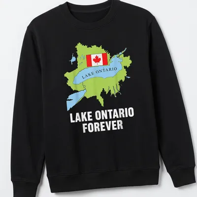 Colorful illustration of Lake Ontario map with Canadian flag and text 'Lake Ontario Forever' — printed on a unisex sweatshirt