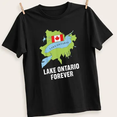 Colorful illustration of Lake Ontario map with Canadian flag and text 'Lake Ontario Forever'
