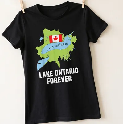 Colorful illustration of Lake Ontario map with Canadian flag and text 'Lake Ontario Forever' — printed on a women's shirt