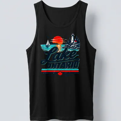 Vintage retro Lake Ontario T-shirt featuring a scenic lighthouse and sailboat — printed on a tank top