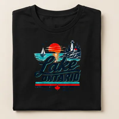 Vintage retro Lake Ontario T-shirt featuring a scenic lighthouse and sailboat — printed on a women's shirt