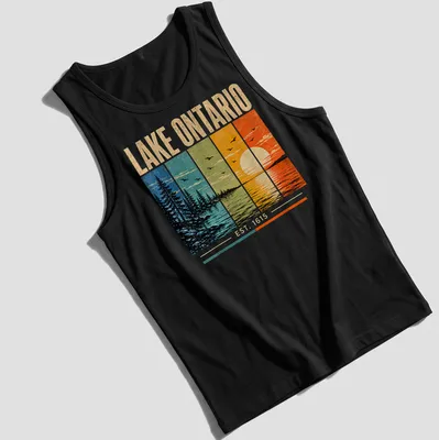 Retro distressed Lake Ontario sunset graphic in vibrant colors — printed on a tank top