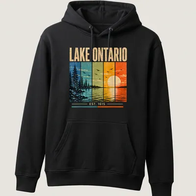 Retro distressed Lake Ontario sunset graphic in vibrant colors — printed on a unisex hoodie