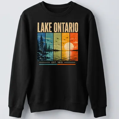 Retro distressed Lake Ontario sunset graphic in vibrant colors — printed on a unisex sweatshirt
