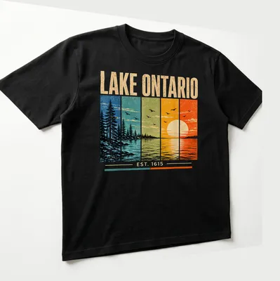 Retro distressed Lake Ontario sunset graphic in vibrant colors — printed on a unisex t-shirt (angled view)
