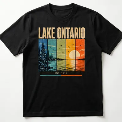 Retro distressed Lake Ontario sunset graphic in vibrant colors