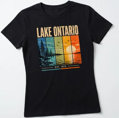 Retro distressed Lake Ontario sunset graphic in vibrant colors — printed on a women's shirt