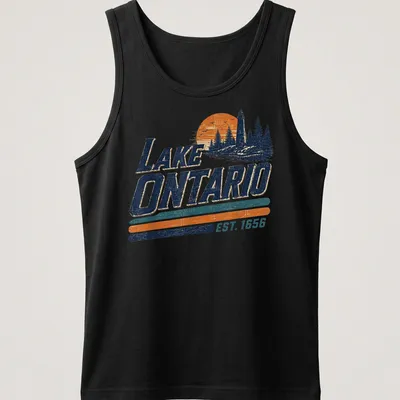 Vintage map of Lake Ontario with 'EST. 1656' text, featuring blue, orange, and green colors. — printed on a tank top