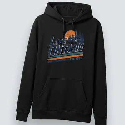 Vintage map of Lake Ontario with 'EST. 1656' text, featuring blue, orange, and green colors. — printed on a unisex hoodie