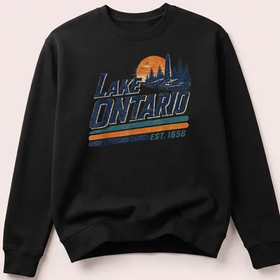Vintage map of Lake Ontario with 'EST. 1656' text, featuring blue, orange, and green colors. — printed on a unisex sweatshirt
