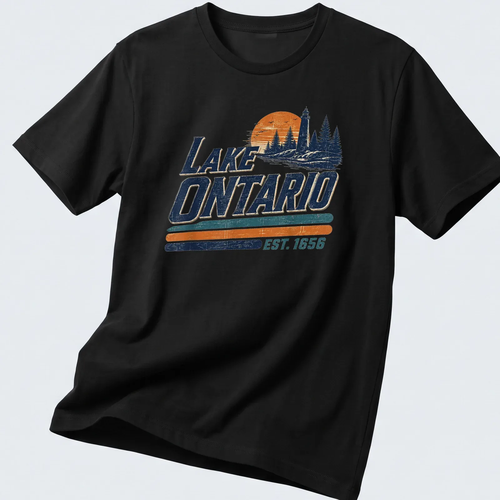 Vintage map of Lake Ontario with 'EST. 1656' text, featuring blue, orange, and green colors. — printed on a unisex t-shirt