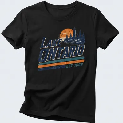 Vintage map of Lake Ontario with 'EST. 1656' text, featuring blue, orange, and green colors. — printed on a women's shirt