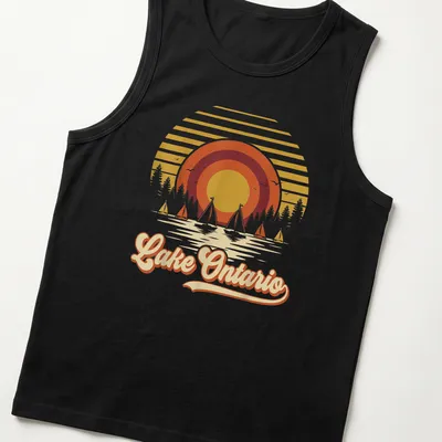 Retro vintage t-shirt with Lake Ontario text and sailboats against a sunset — printed on a tank top