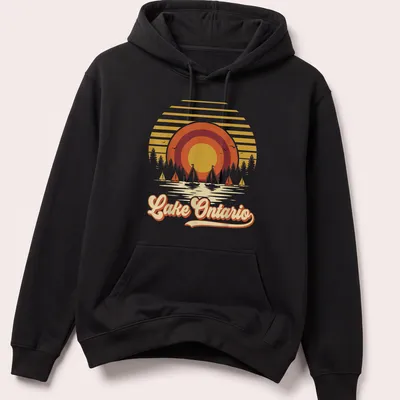 Retro vintage t-shirt with Lake Ontario text and sailboats against a sunset — printed on a unisex hoodie