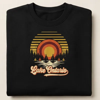 Retro vintage t-shirt with Lake Ontario text and sailboats against a sunset — printed on a unisex sweatshirt